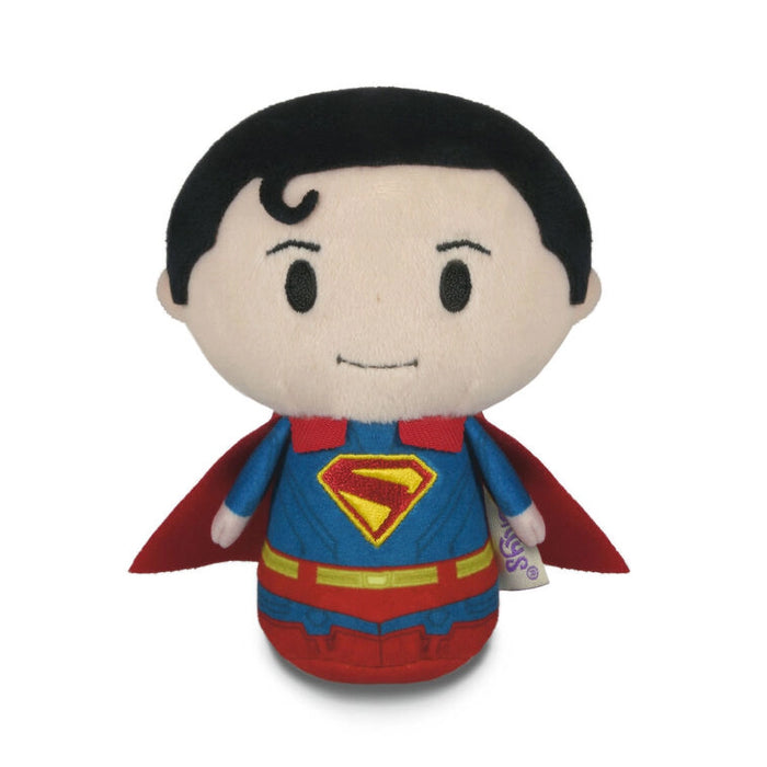 Superman plush toy with red cape and blue suit on a white background