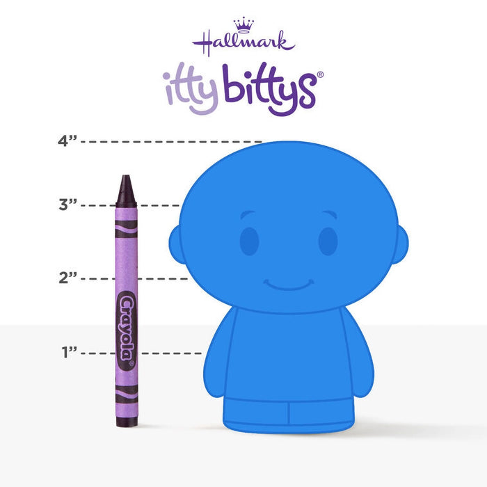 Blue itty bittys toy next to a Crayola crayon with measurements on a white background, featuring the Hallmark logo.