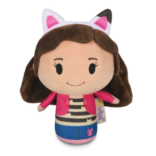 Plush toy with cat ears and a striped outfit on a white background