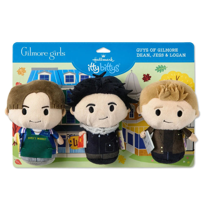  Hallmark itty bittys® Gilmore Girls Dean, Jess, and Logan plush figures set of 3, featuring three collectible character plush toys from the popular TV series.