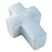 Light blue ceramic cross-shaped container with text on a white background