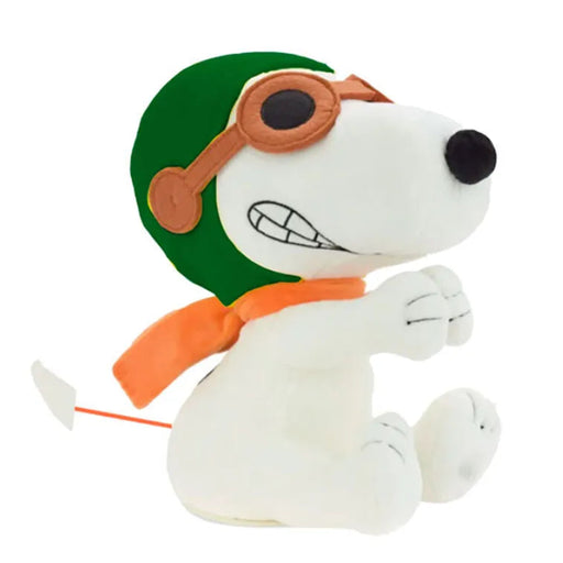 Plush toy of a  Snoopy the dog character from Peanuts Gang wearing goggles and a green helmet on a white background