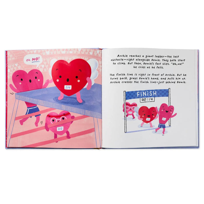 Open book with cartoon hearts on a pink background