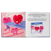 Open book with cartoon hearts on a pink background