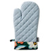 Light blue quilted oven mitt with floral pattern at the bottom on a white background