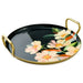 Decorative tray with floral design and gold handles on a white background