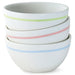Set of four ceramic bowls with pastel color stripes on a white background