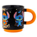 Black mug with orange handle featuring cartoon character Stitch  in Halloween costumes on a white background