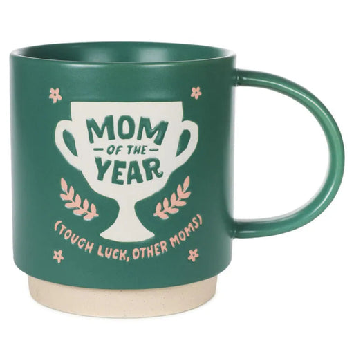 Green mug with 'Mom of the Year' design on a white background