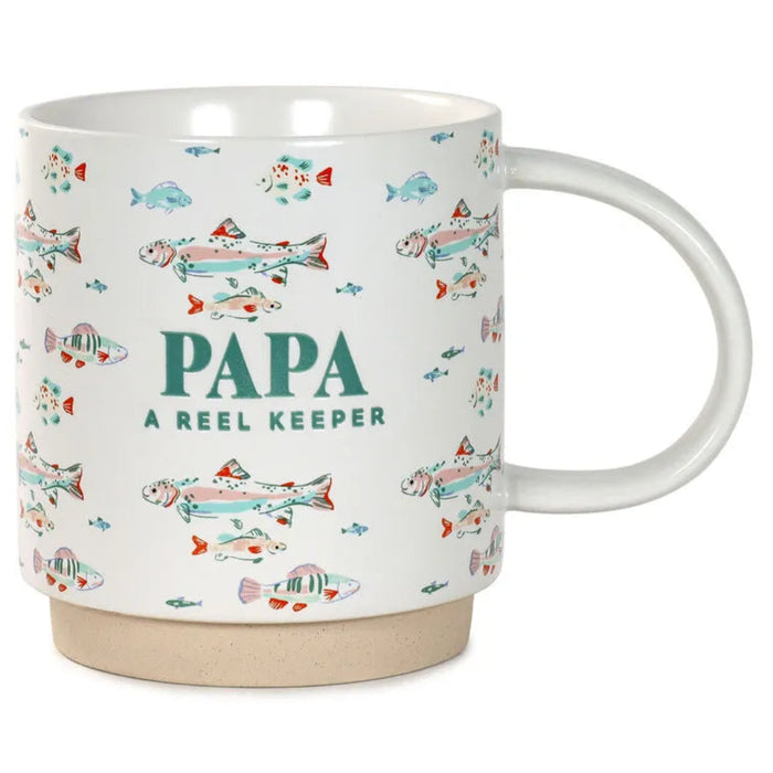Mug with fish illustrations and 'Papa A Reel Keeper' text on a white background