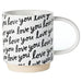 White mug with 'love you' text pattern on a white background