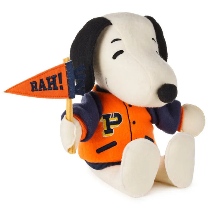 Plush toy resembling a dog in an orange jersey holding a 'RAH!' flag on a white background