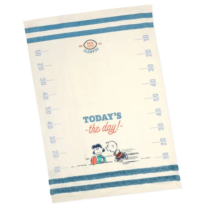 Kitchen towel with Snoopy and Woodstock design and text 'Today's the day!' on a white background
