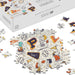 Peanuts-themed puzzle with pieces scattered on a white surface, box in the background
