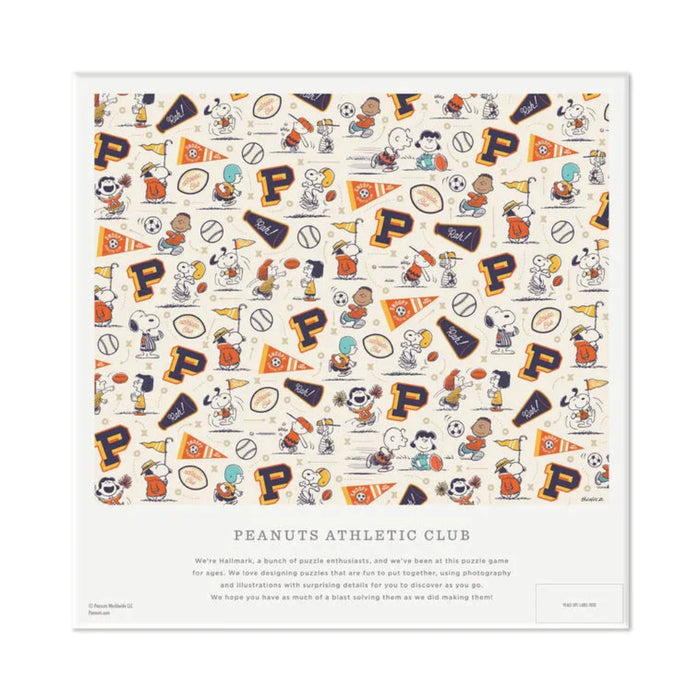 Framed Peanuts-themed athletic club poster with cartoon characters and sports elements.