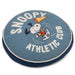 Round pillow with Snoopy and 'Snoopy Athletic Club' text on a blue background
