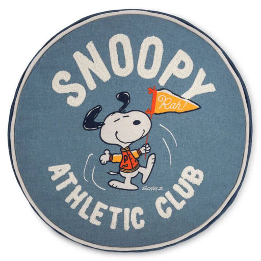Round blue rug with Snoopy and 'Snoopy Athletic Club' text on a white background