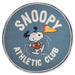 Round blue rug with Snoopy and 'Snoopy Athletic Club' text on a white background
