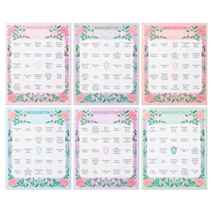 Six Bridgerton-themed bingo cards displayed in two rows, each with floral borders, pastel colors, and unique bingo squares, arranged on a white background.