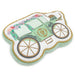 Carriage-shaped Bridgerton decorative pillow with a mint green illustrated carriage, floral garlands, gold rope trim, and vintage wheel details, photographed on a white background.