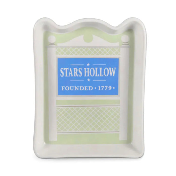 Hallmark Gilmore Girls Trinket Dish with town sign on it, white dish on a white background. 