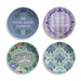 Four decorative plates with floral and text designs on a white background. A periwinkle plate with wisteria and a social season quote, a purple striped plate with scrollwork and witty text, a green plate showcasing a jeweled masquerade mask with florals, and an aqua plate with trellis-style florals. 
