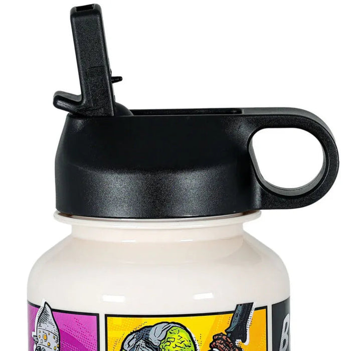 White water bottle with black lid and colorful label on a white background