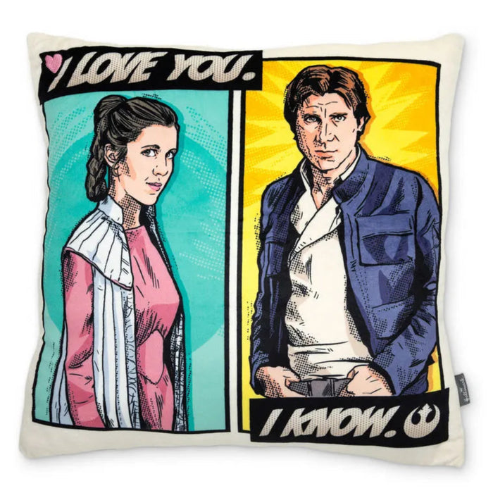 Decorative Star Wars  pillow with illustrations of a couple and text 'I LOVE YOU.' and 'I KNOW.' on a white background.