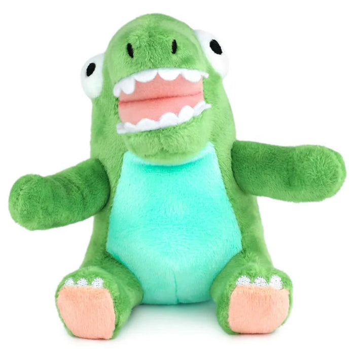 Green plush toy with a blue belly on a white background
