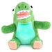 Green plush toy with a blue belly on a white background