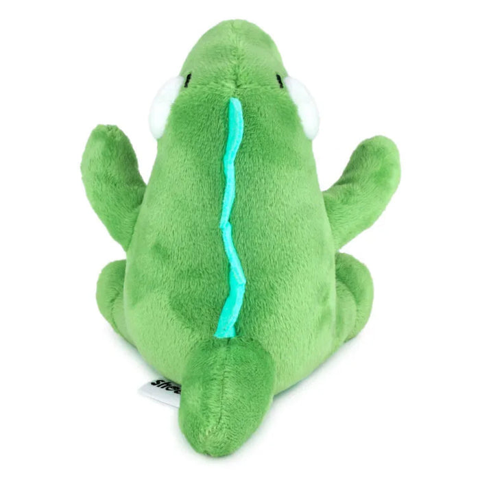 Green plush toy with a blue stripe on a white background