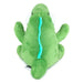 Green plush toy with a blue stripe on a white background