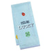 Light blue towel with 'Feeling Lucky' text, ladybug, and four-leaf clover on a white background