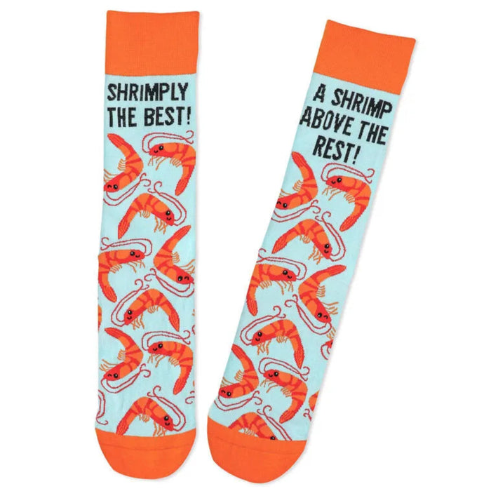 Two socks with shrimp design and text on a white background