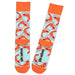 Socks with shrimp pattern and 'shoebox' branding on a light blue background