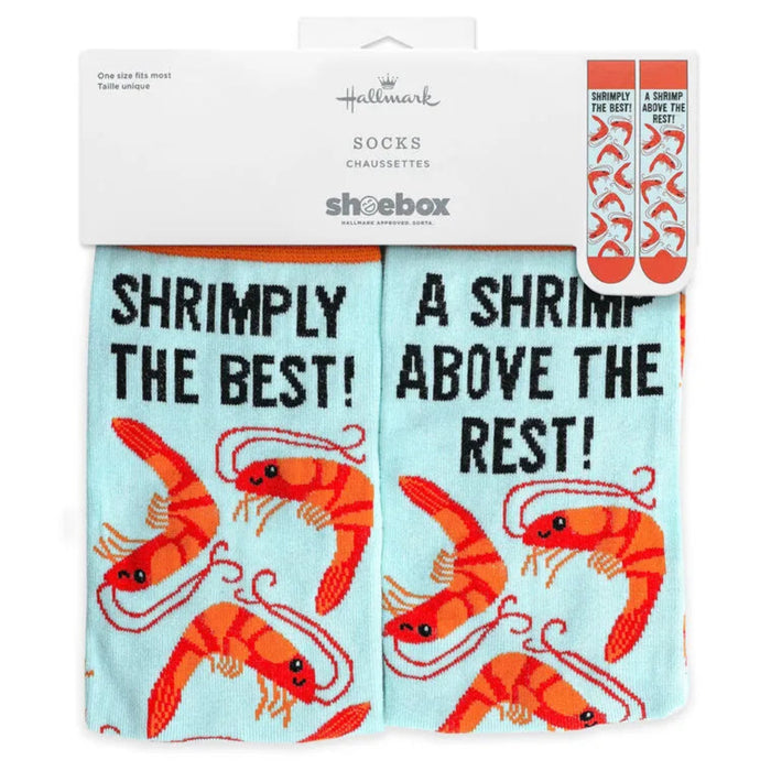 Packaged socks with shrimp design and text, featuring Hallmark and Shoebox branding.