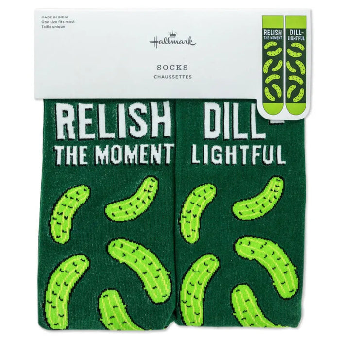 Pair of socks with dill pickle design and 'Hallmark' branding on packaging.