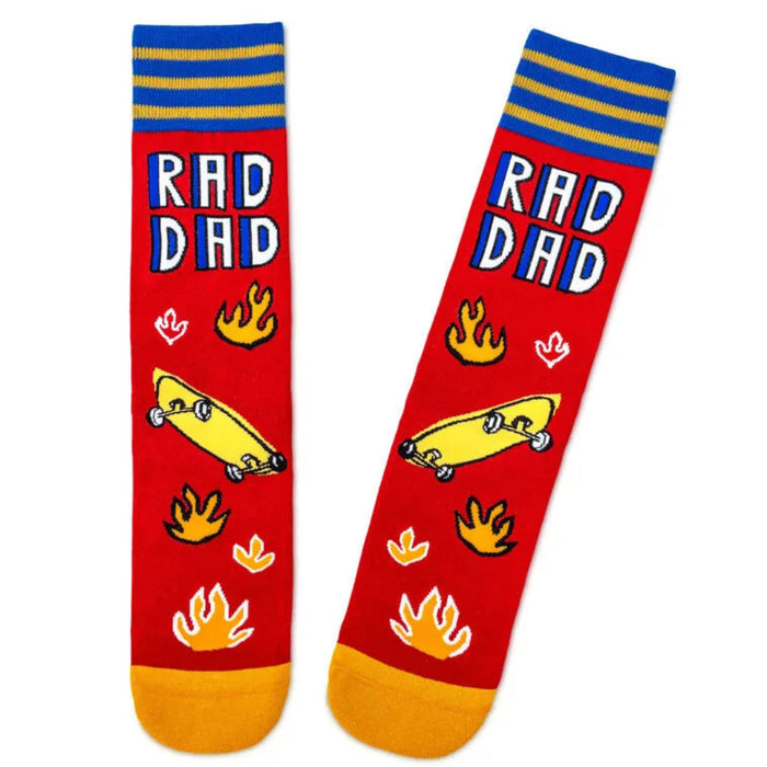 Colorful socks with 'RAD DAD' text and skateboard designs on a white background