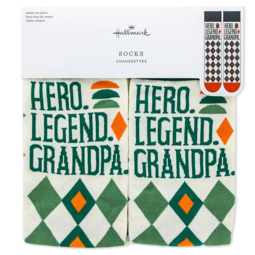 Pair of socks with 'Hero. Legend. Grandpa.' text and Hallmark branding.