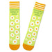 Green socks with white daisy flowers and yellow accents on a white background