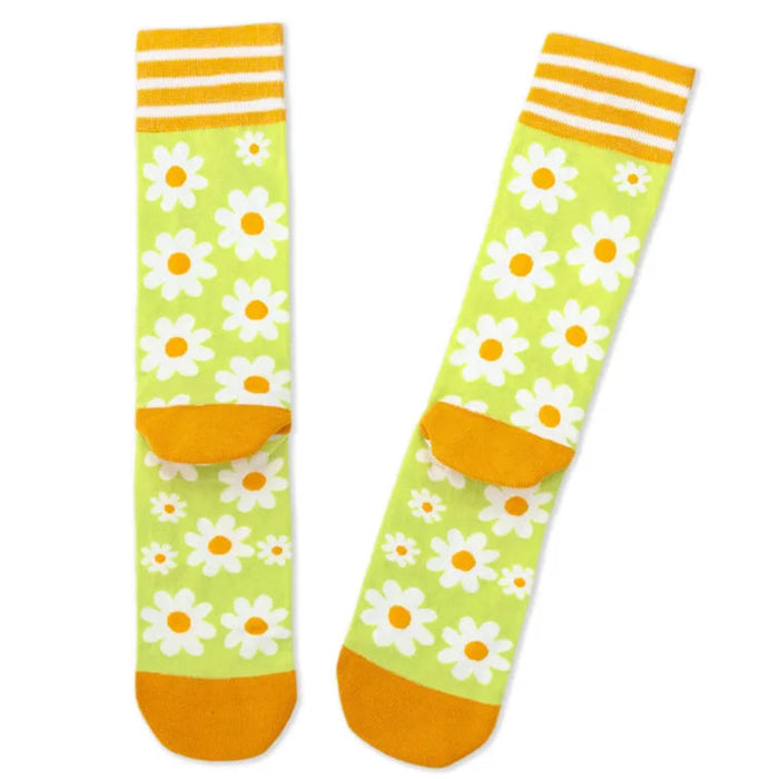Colorful socks with daisy pattern and orange accents on a white background