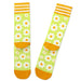Colorful socks with daisy pattern and orange accents on a white background