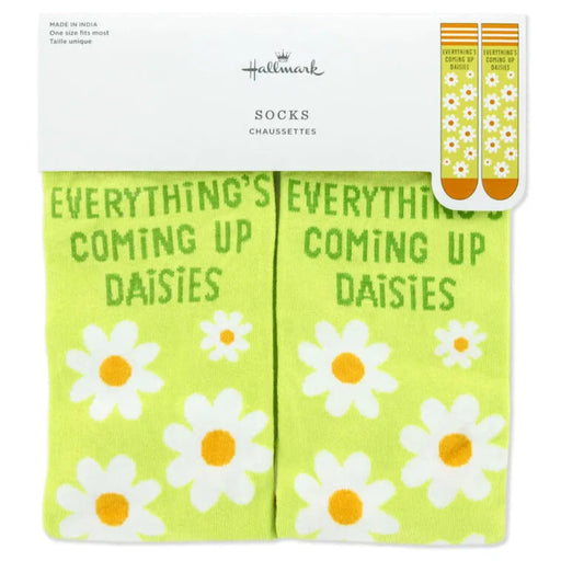 Pair of socks with daisy design and 'Everything's Coming Up Daisies' text, branded as Hallmark.