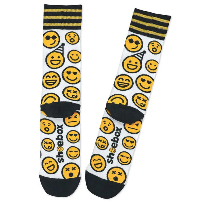 Pair of socks with smiley face patterns and 'Sheebox' branding on a white background