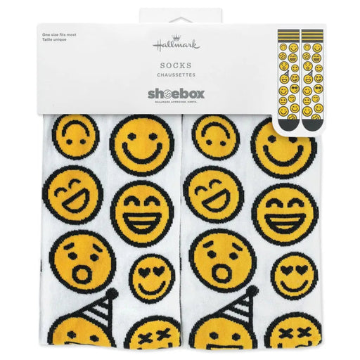 Pack of socks with smiley face designs in a white box labeled 'Hallmark'.