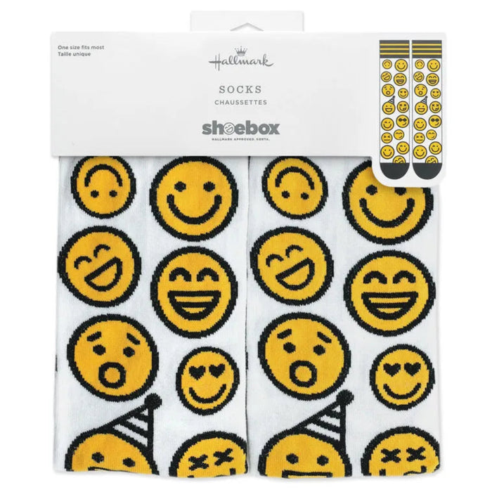 Pack of socks with smiley face designs in a white box labeled 'Hallmark'.