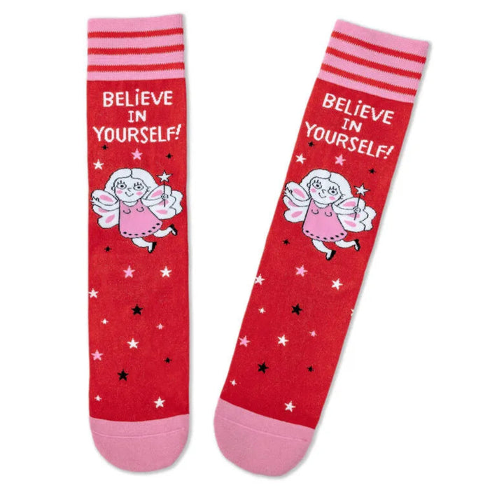 Red socks with a fairy graphic and 'Believe in Yourself!' text on a white background