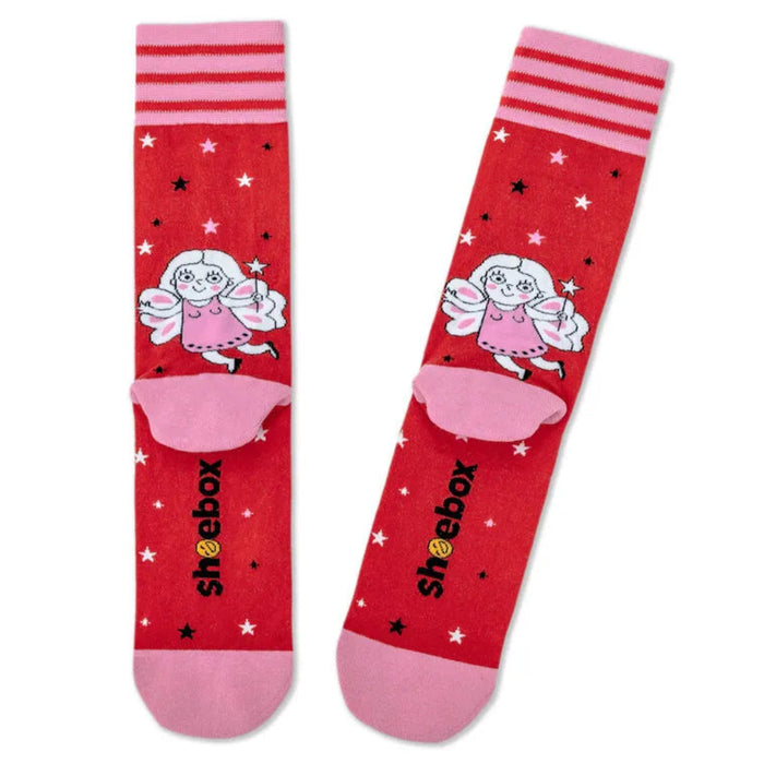 Red socks with fairy design and 'shoebox' branding on a white background