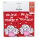Red socks with angel design and 'Believe in Yourself!' text, displayed in packaging.