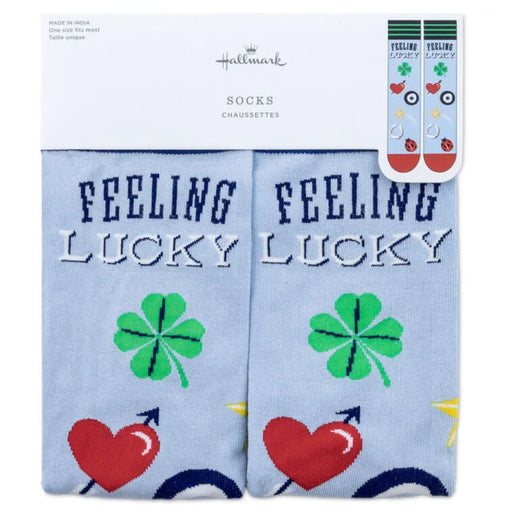 Pair of socks with 'Feeling Lucky' text and clover designs on a light blue background, with Hallmark branding.